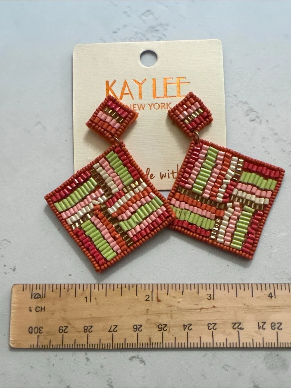 Kaylee New York Pink & Green Beaded Square Drop Earrings